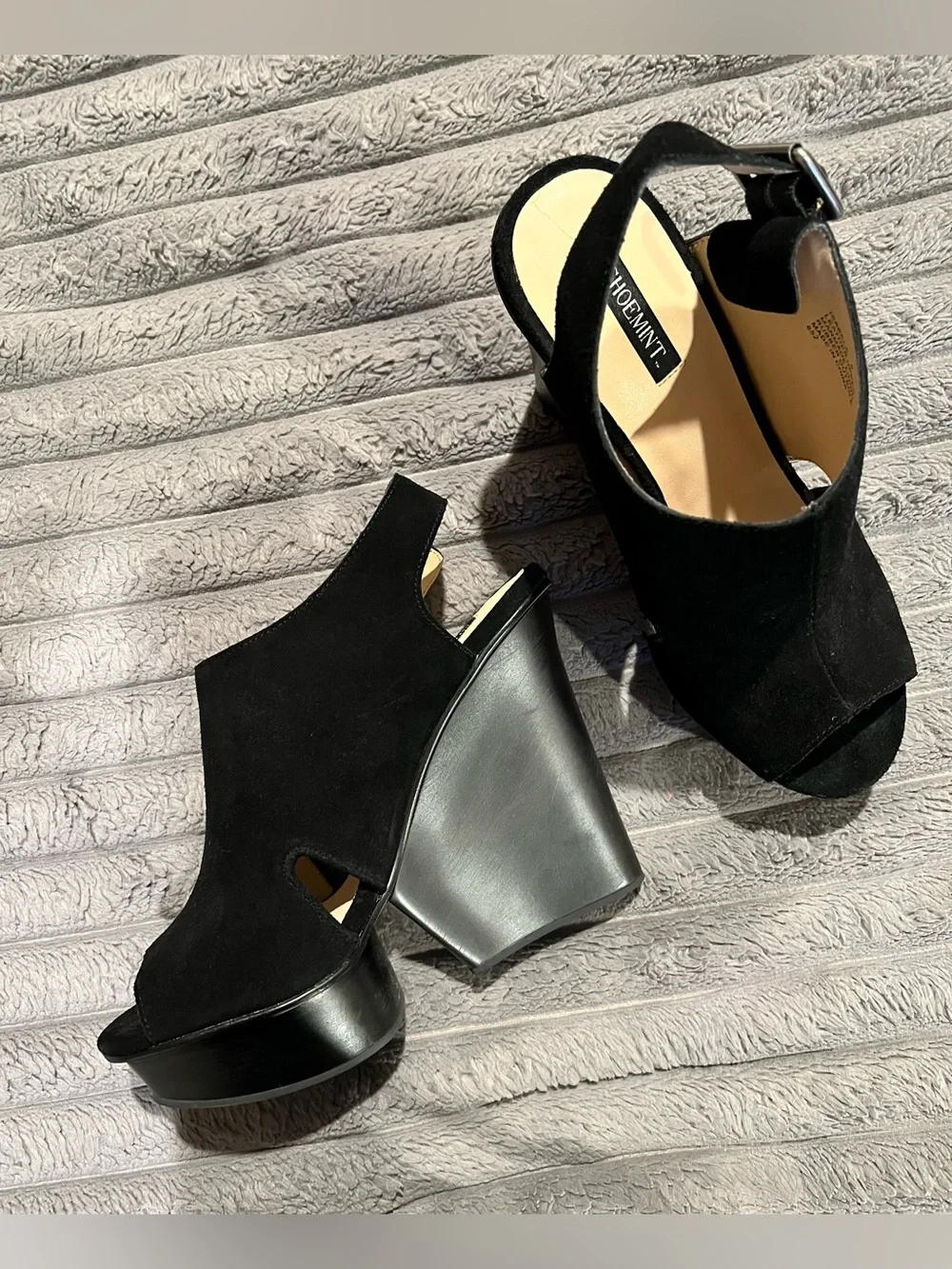 SHOEMINT ISABELA BLACK SUEDE PEEP TOE HEEL SLINGBACK PLATFORM WEDGE SHOES 9 NEW